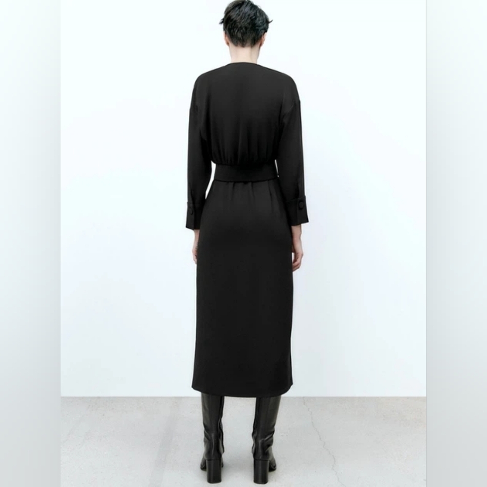 Zara Wrap V-Neck Long Sleeve Midi Dress In Black *Missing Belt* - Picture 3 of 7